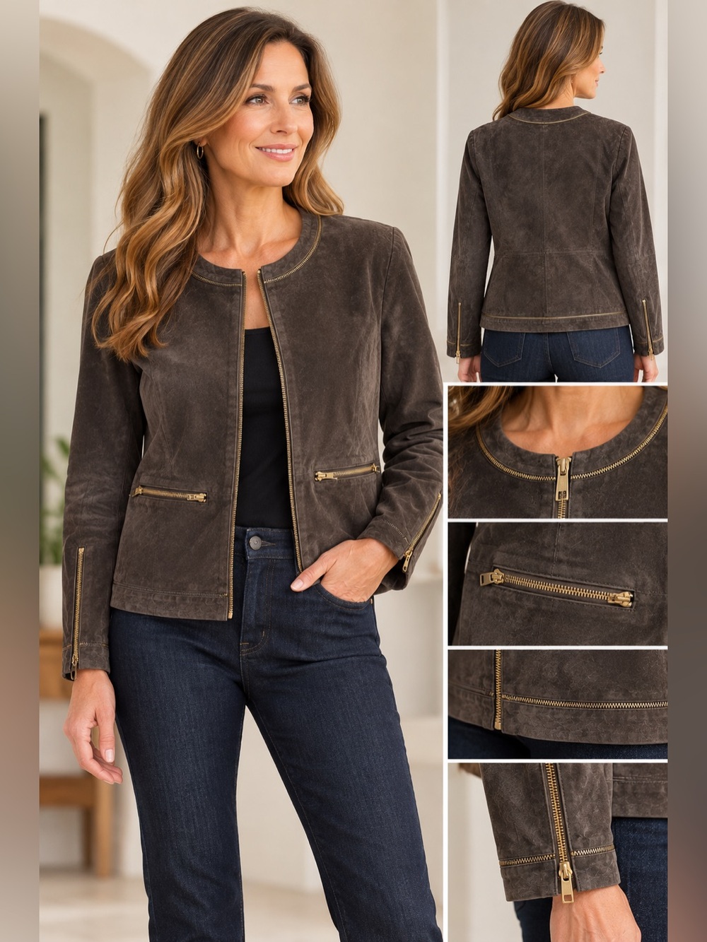 Linea by Louis Dell’Olio Brown Suede Leather Zip Jacket Size L